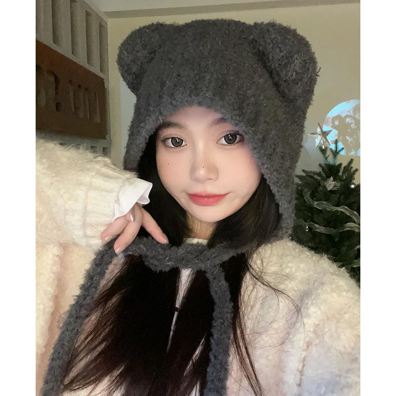 Mũ Len Dệt Kim Đính Tai Gấu Nhỏ Dễ Thương Giữ Ấm Mùa Đông Cho Nữ