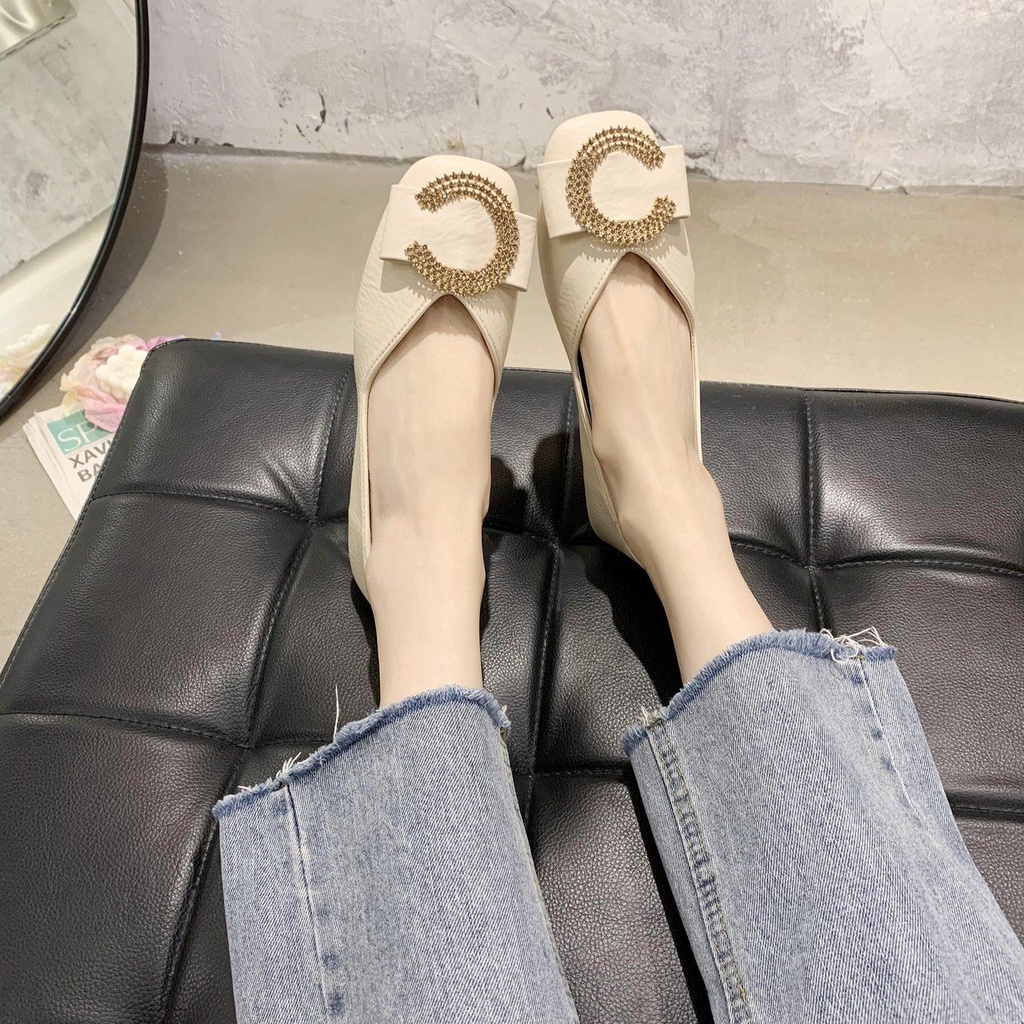 Giày Búp Bê Đế Mềm Mũi Vuông Đính Đá Thời Trang Mùa Xuân Cho Nữ