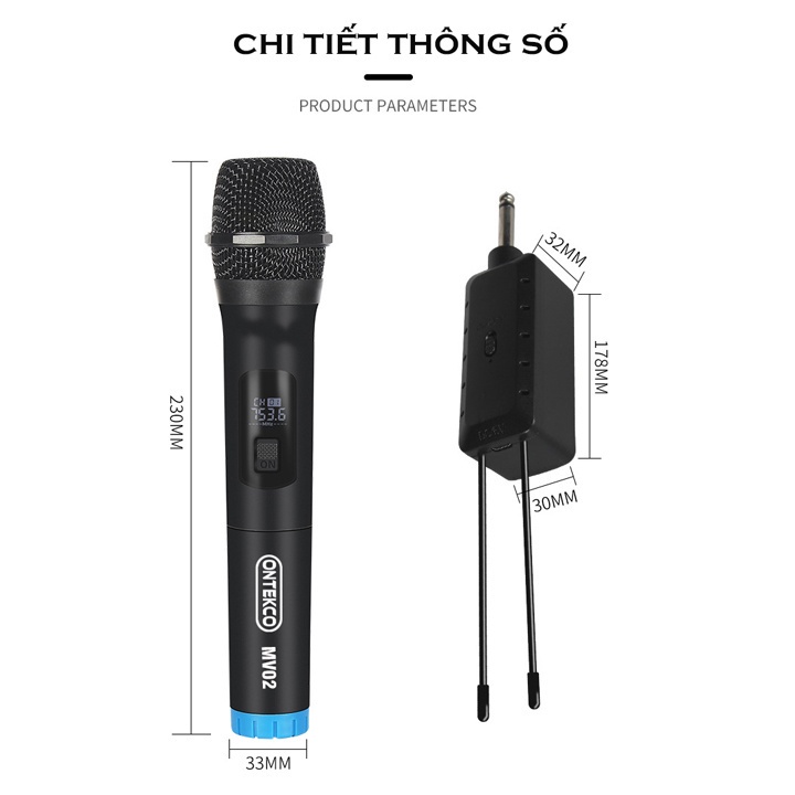 Bộ micro đôi không dây ONTEKCO MV02 hát karaoke gia đình chuyên nghiệp