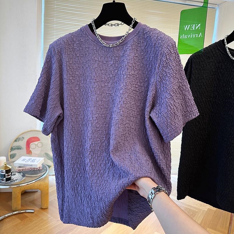 Textured short-sleeved t-shirt nam nữ thiết kế mùa hè lỏng lẻo đơn giản seersucker top quần áo