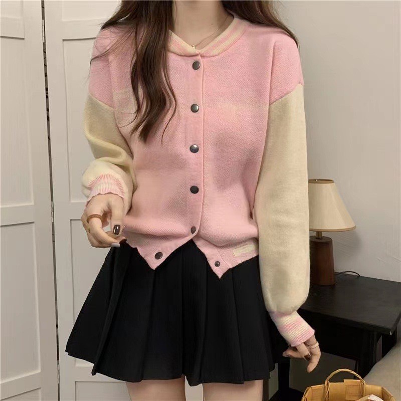 Áo khoác bóng chày hàn quốc của phụ nữ màu tương phản khâu chữ áo khoác bóng chày