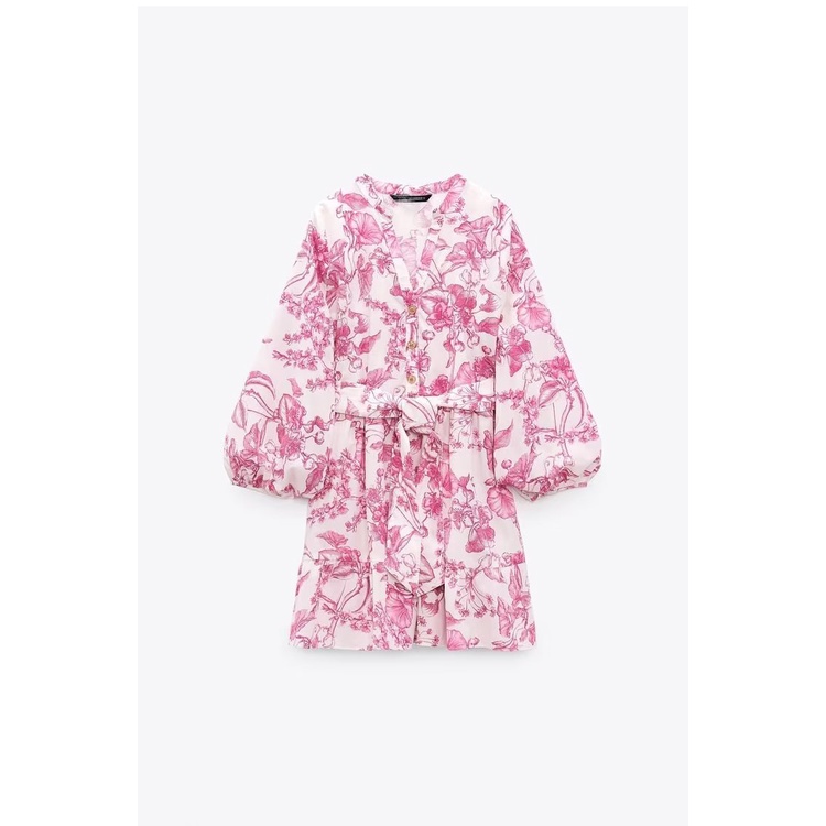 Trf 23 Đầm Ngắn Cổ Chữ V Tay Dài In Họa Tiết Phong Cách Pháp Có Thắt Lưng Trang Trí Mùa Hè3462271