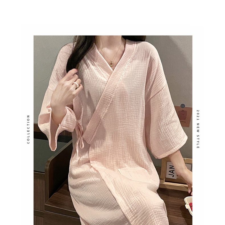 Mùa hè phong cách hàn quốc của phụ nữ váy ngủ one-piece màu rắn màu hồng sợi bông tinh khiết phong cách nữ tính phim hoạt hình dễ thương áo choàng tắm kích thước lớn váy ngủ mỏng