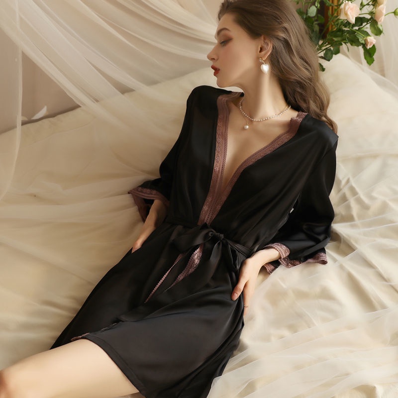 Váy ngủ phụ nữ mùa hè ice silk sexy extra spicy dressing robe black hot girl one-piece influencer hot-bán phong cách mới paja