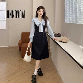 JUNNOVGAL Nữ Thời Trang Mới Màu Xanh Ghép Vintage Bụng Ôm Cổ Áo