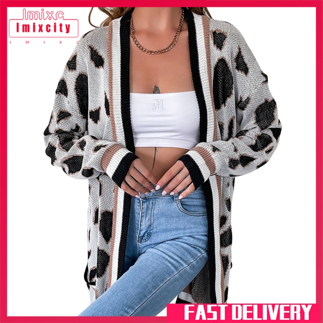 Imixcity 100% polyester áo khoác len cardigan họa tiết da báo mùa thu / đông