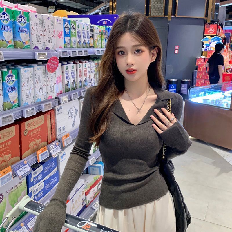 Mùa thu dài tay t-shirt polo cổ áo dệt kim đáy áo sơ mi phụ nữ hàng đầu