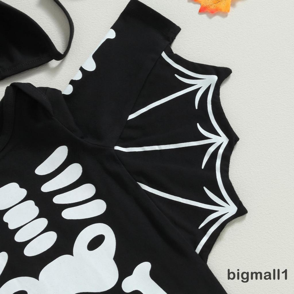 Bigmall-0-24 tháng bé halloween trang phục dài tay áo phi hành đoàn cổ bộ xương in hình dơi Áo liền quần có mũ cho bé gái bé trai