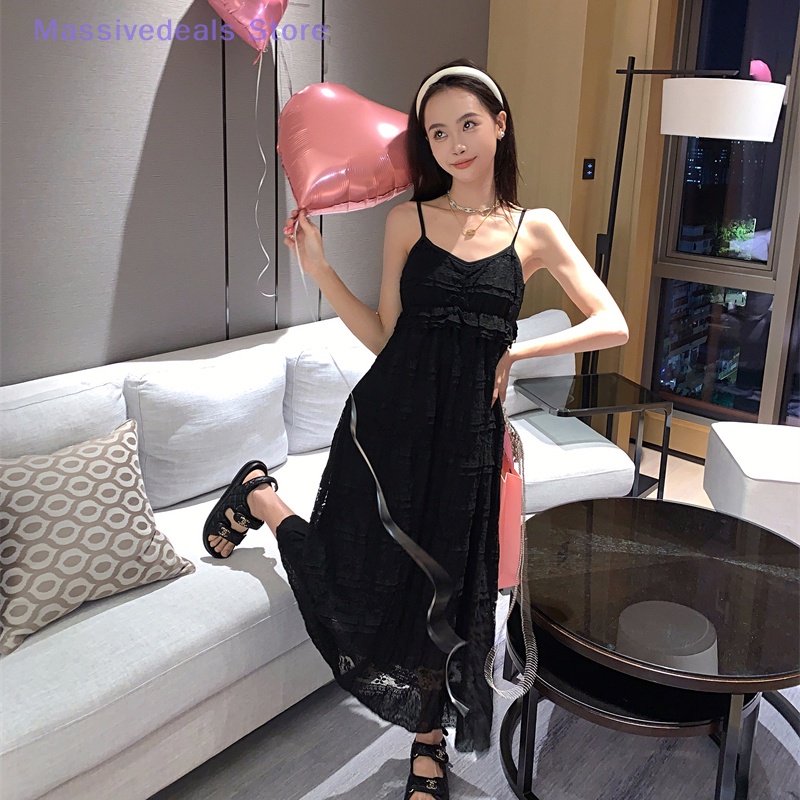 Massivedeals váy dây đeo mùa hè pháp thời trang đơn giản chắp vá váy dài ren mới