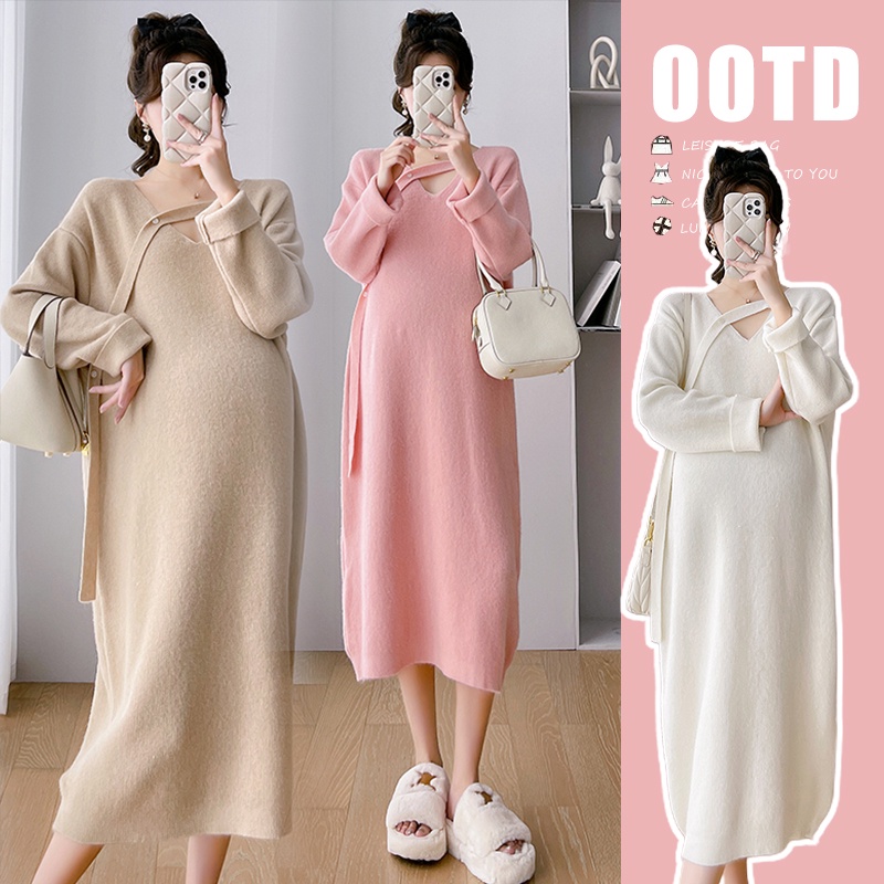 Trang phục bà bầu mùa thu sản phẩm mới phiên bản hàn quốc áo len dệt kim co giãn lớn váy bà bầu