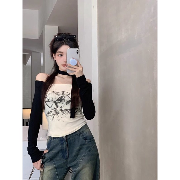 Áo thun COZOK dài tay họa tiết bướm phối màu tương phản thời trang gợi cảm dành cho nữ