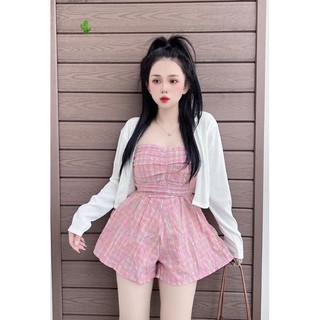 Set jum ống caro xốp xếp ly và áo khoác cardigan thun gân trắng - pc alohashop91