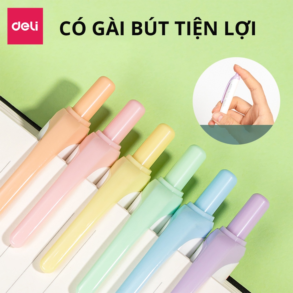 Set 6 bút highlight dạng bấm nhớ dòng đánh dấu màu pastel tươi sáng cute Deli dạ quang tiện lợi cho học sinh văn phòng