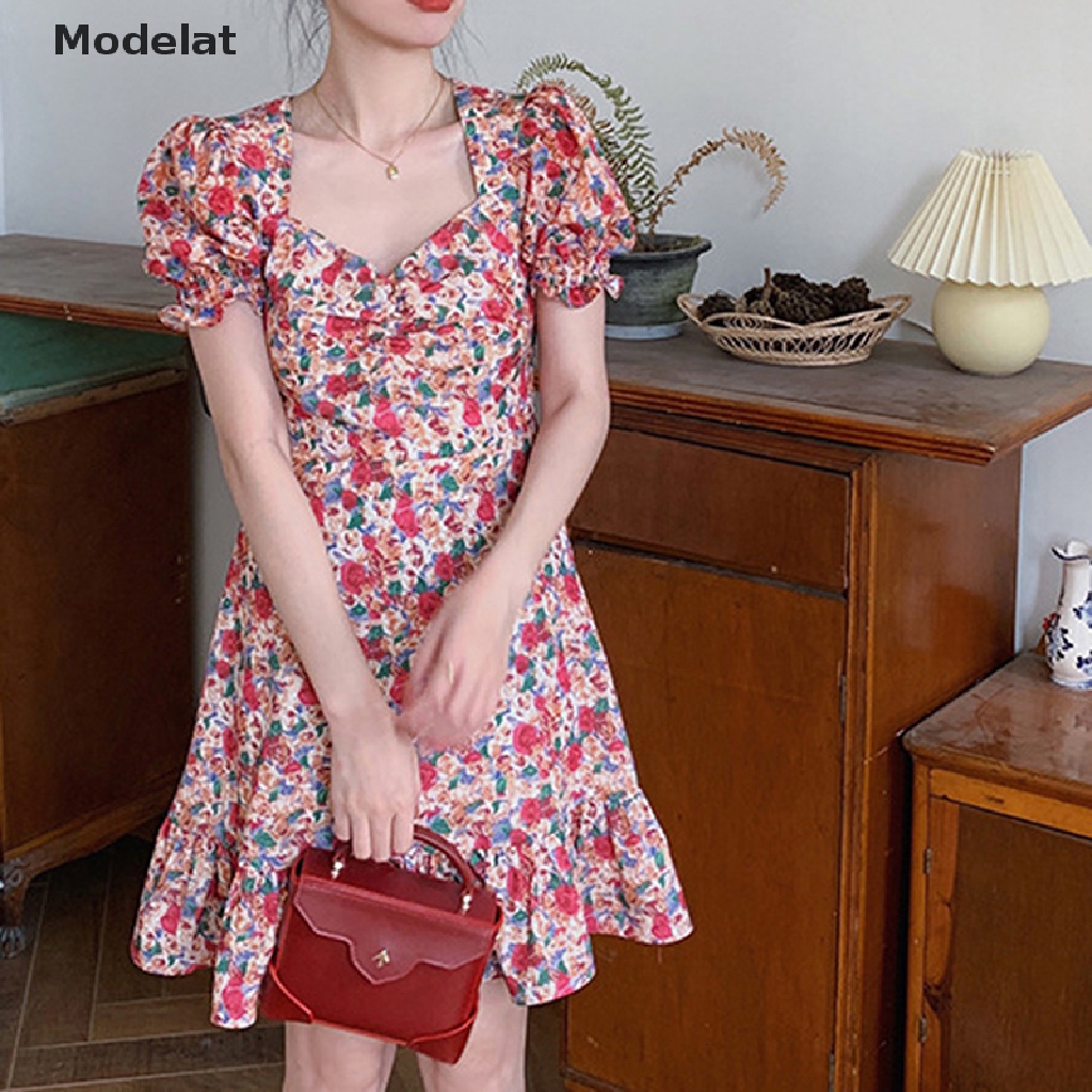 Đầm Ngắn Cổ Vuông Tay Phồng In Hoa Phong Cách Bohemian Thời Trang Mùa Hè Dành Cho Nữ