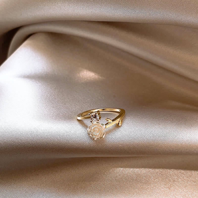 Nhẫn Hở Mạ Vàng Hình Hoa Trà Đính Kim Cương Lấp Lánh Kiểu Hàn Quốc