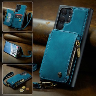 For samsung galaxy s22 ultra s21 plus s20 fe s22+ s21+ note 20 ultra leather case fashion zipper wallet hand lanyard back cover