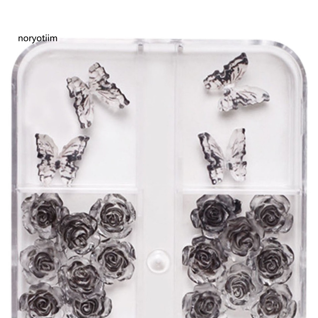 1 Hộp Phụ Kiện Trang Trí Móng Tay Hình Bướm Và Hoa Hồng 3D Bằng Nhựa Resin