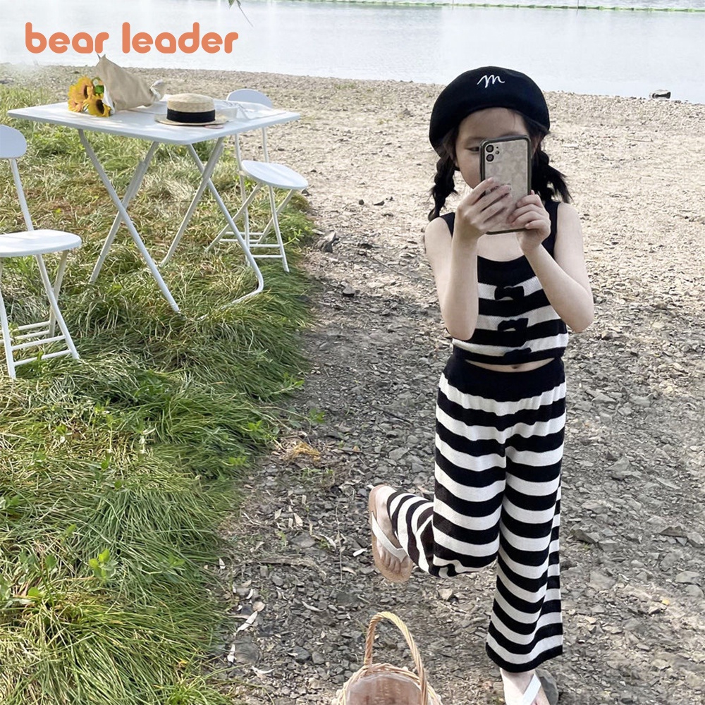 Set áo hai dây dệt kim kẻ sọc + quần ống rộng BEAR LEADER thời trang mùa hè 2023 cho bé gái
