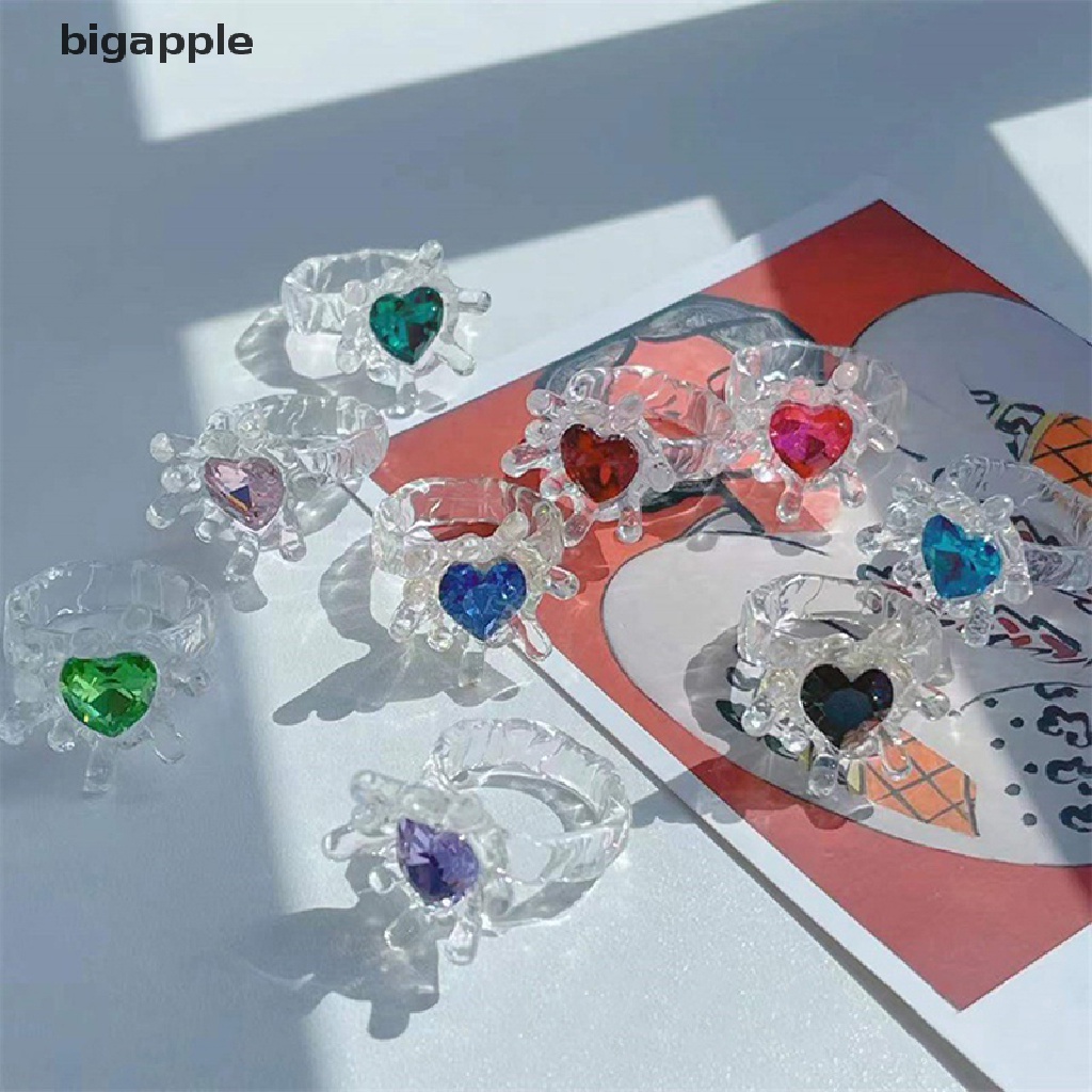 Bigapple Nhẫn resin Trong Suốt Họa Tiết Hoa Nước Ngọt Kim Cương Hình Trái Tim Gợn Sóng Ba Chiều Kiểu Pháp RDG