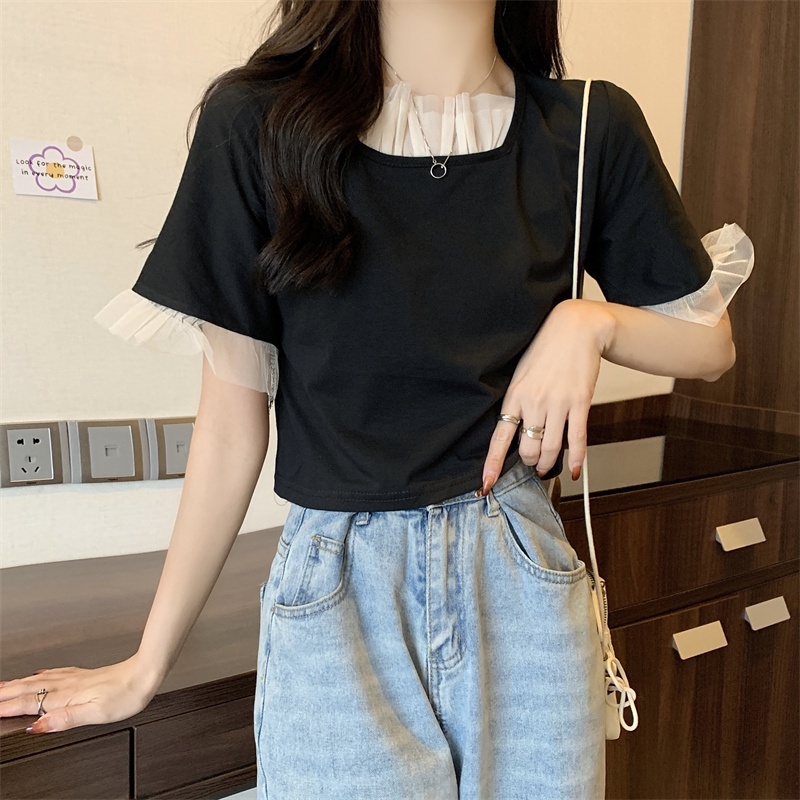 SUXI Áo Thun Ngắn Tay Cổ Vuông Màu Sắc Trơn Thời Trang Mùa Hè Cho Nữ