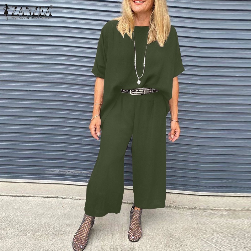 Zanzea Set Áo Kiểu Cổ Tròn Tay Lỡ + Quần Dài Lưng Thun Thời Trang Nữ