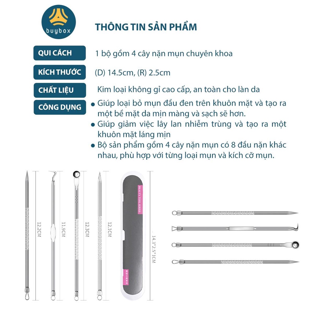 Bộ dụng cụ nặn mụn đa năng, 4 món đa dạng dễ dàng loại bỏ mụn cứng đầu, hộp nhựa chắc chắn - BuyBox - BBPK344