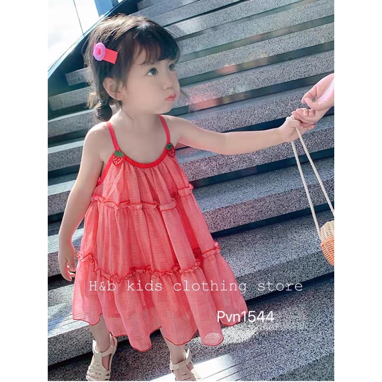 Đầm Hai Dây Mùa Hè Cho Bé Gái Đính Hình Quả Dâu, Chất voan Lụa Tơ Mềm Mịn Mát 8-20kg