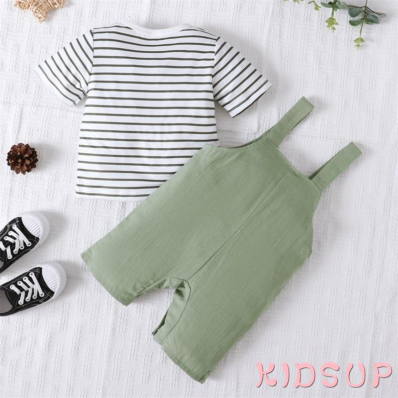 Set Áo Thun Tay Ngắn Kẻ Sọc Ngang + Quần Yếm Màu Sắc Dễ Thương Cho Bé Trai 1 Tuổi