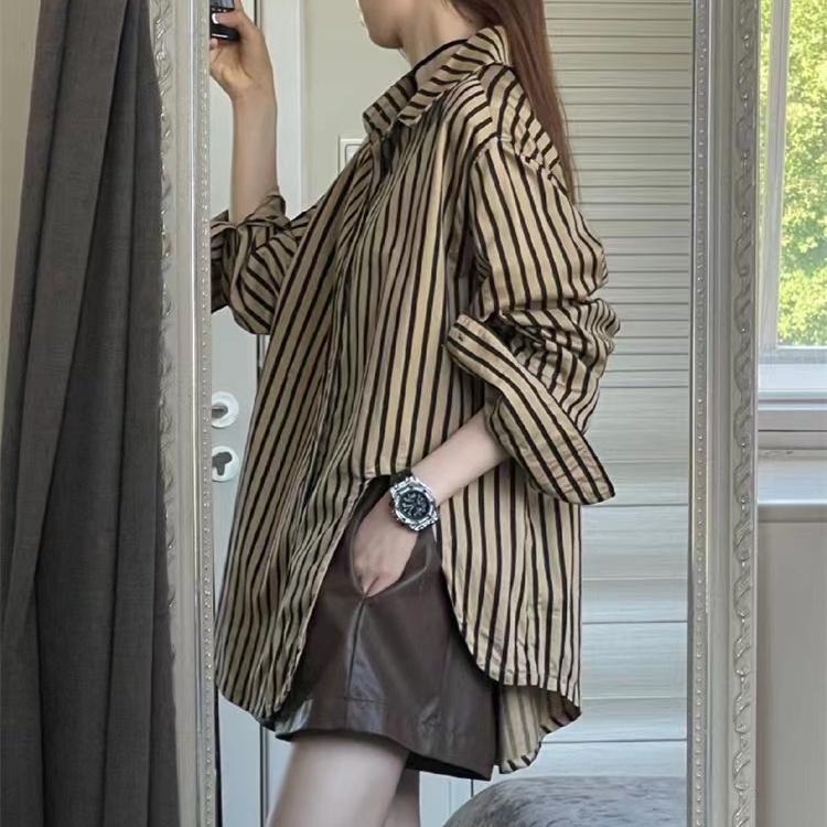Lynki ❤ Áo Sơ Mi Tay Dài Dáng Rộng Họa Tiết Kẻ Sọc Thời Trang retro Cho Nữ