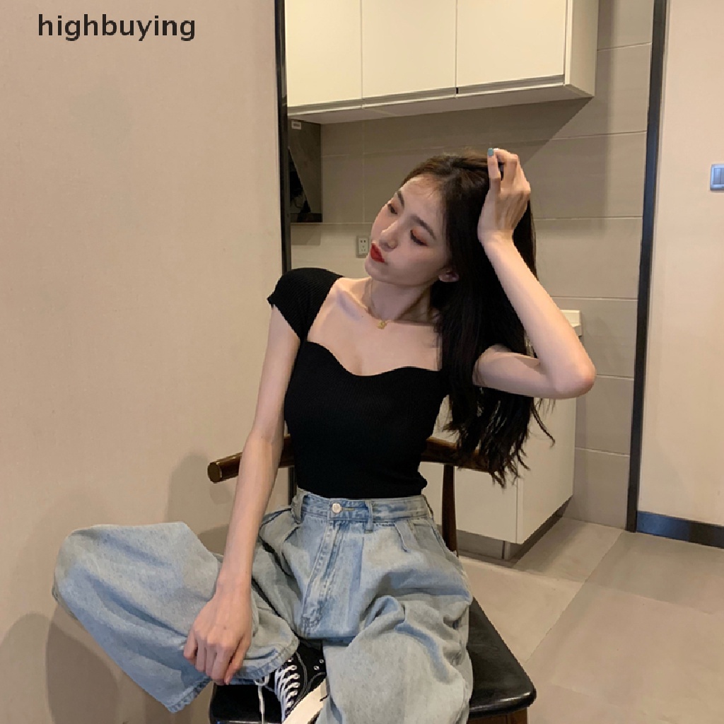 Áo Thun Dệt Kim Tay Ngắn Cổ Vuông Màu Sắc Đơn Giản Cho Nữ