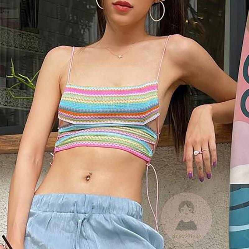 Áo Hai Dây Hở Lưng Họa Tiết Kẻ Sọc Nhiều Màu Sắc Thời Trang Mùa Hè Cho Nữ