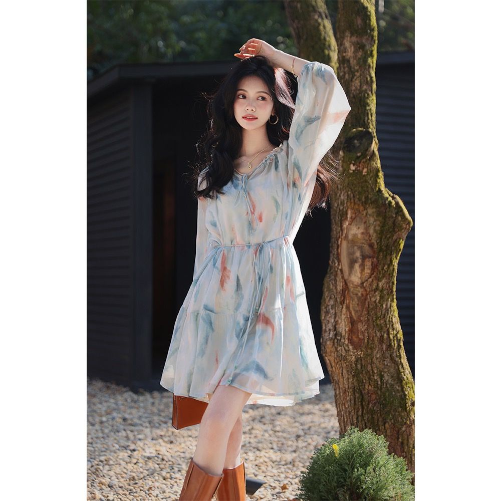 Đầm Voan Tay Phồng In Họa Tiết Xinh Xắn Thiết Kế Mới Thời Trang