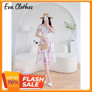 Váy hoa nhí Cherry dài qua gối tay ngắn cổ chữ V họa tiết hoa nhí, váy trắng xòe hoa nhí