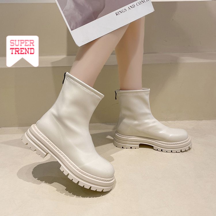 Giày Bốt Cao Gót Mũi Tròn Màu Trơn Phối Khóa Kéo Thời Trang Cho Nữ