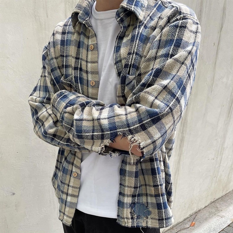 Old Master Destruction Áo Khoác Sơ Mi Flannel Kẻ Sọc Thủ Công Retro Giản Dị KENIJIMA
