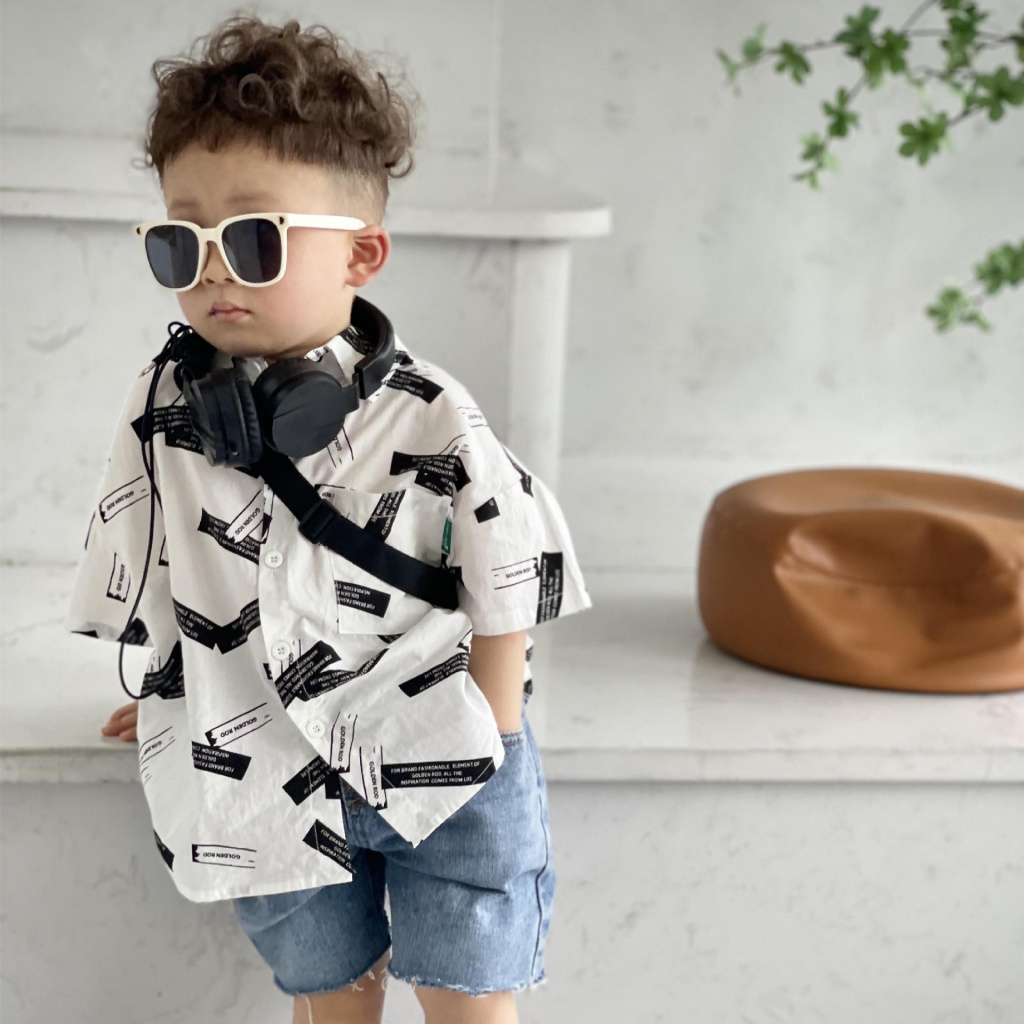 Áo Sơ Mi Hoa Ngắn Tay Dáng Rộng Cho Bé Trai 3-8 Tuổi