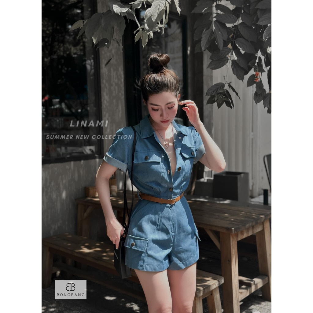 JUMPSUIT JEAN DENIM CỔ BẺ KÈM BELT ANGI HOME