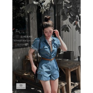 Jumpsuit jean denim cổ bẻ kèm belt angi home