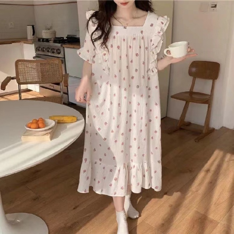 Đầm Ngủ Cotton Tay Ngắn Phối Ren Phong Cách Công Chúa Pháp Ngọt Ngào Cho Nữ La230