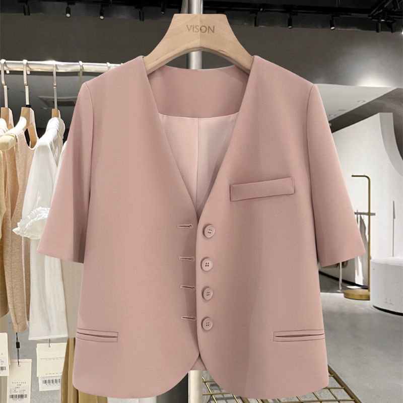 Áo Khoác Vest Mỏng Tay Ngắn Màu Hồng Thời Trang Mùa Hè 2023 Phong Cách Mới Cho Nữ