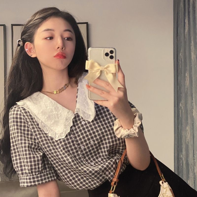 Áo Sơ Mi Tay Phồng Cổ Búp Bê Họa Tiết Kẻ Sọc Thời Trang Mùa Hè 2022 Mới