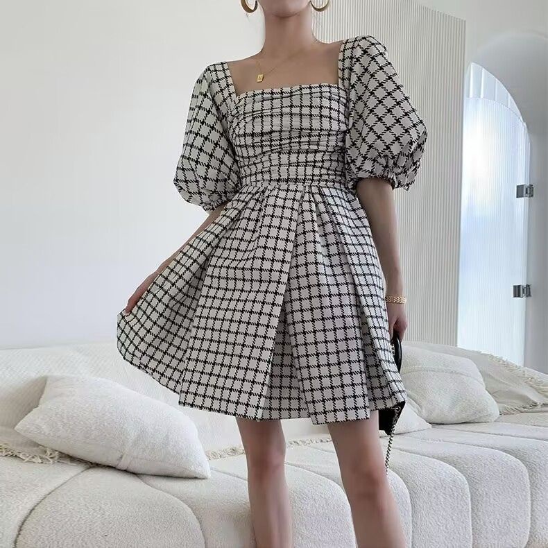 Đầm Ngắn Dáng Chữ a Tay Phồng Cổ Vuông Họa Tiết Sọc Caro Phong Cách Pháp Thời Trang Mùa Hè Xinh Xắn Cho Nữ