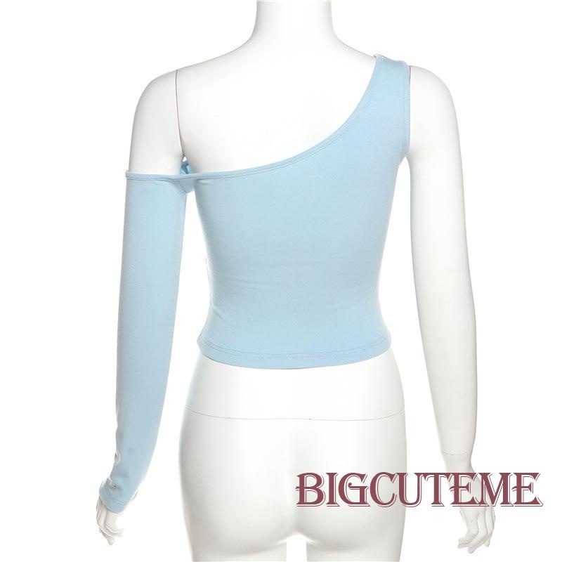 [] - Áo Croptop Trễ Vai Tay Dài Đính Kim Cương Nhân Tạo Màu Xanh Dương Phong Cách Đường Phố Dự Tiệc Thường Ngày Cho Nữ