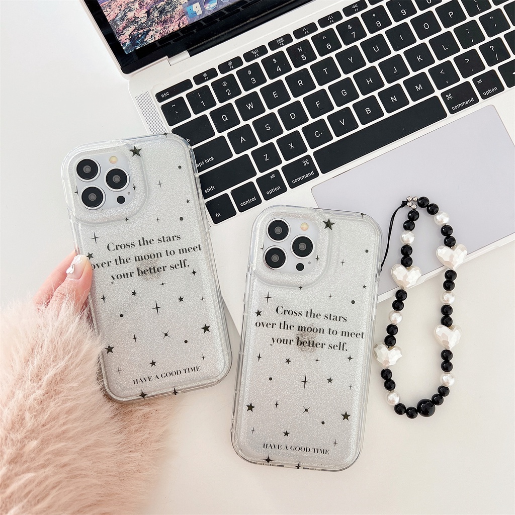 Ốp Điện Thoại Tpu Mềm Trong Suốt Hai Mặt Chống Sốc Phối Dây Xích Ngọc Trai Cho iphone 14Pro Max 13 12 11