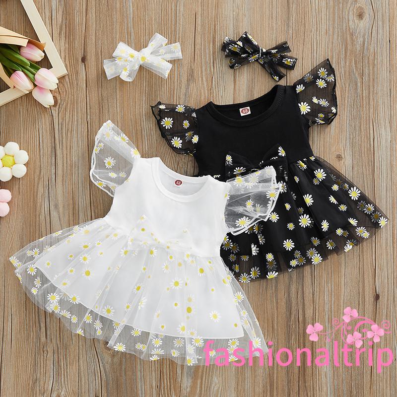Đầm Công Chúa Cổ Tròn Tay Bay Phối Lưới In Hoa Hướng Dương Và Băng Đô Cài Tóc Xinh Xắn Cho Bé Gái