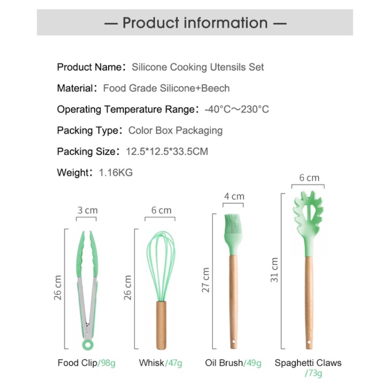 Bộ Dụng Cụ Nấu Ăn Bằng Silicone Cán Gỗ Chống Dính Tiện Lợi