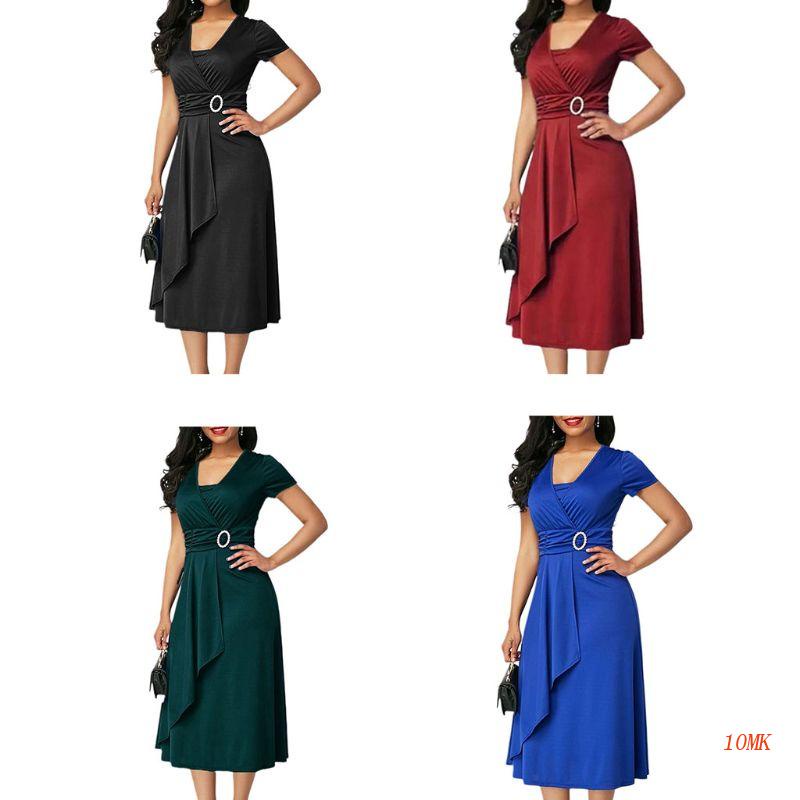 Xiangbao Đầm Midi Tay Ngắn Dáng Dài Xếp Nếp Đính Đá Không Đối Xứng Kích Thước Lớn Cho