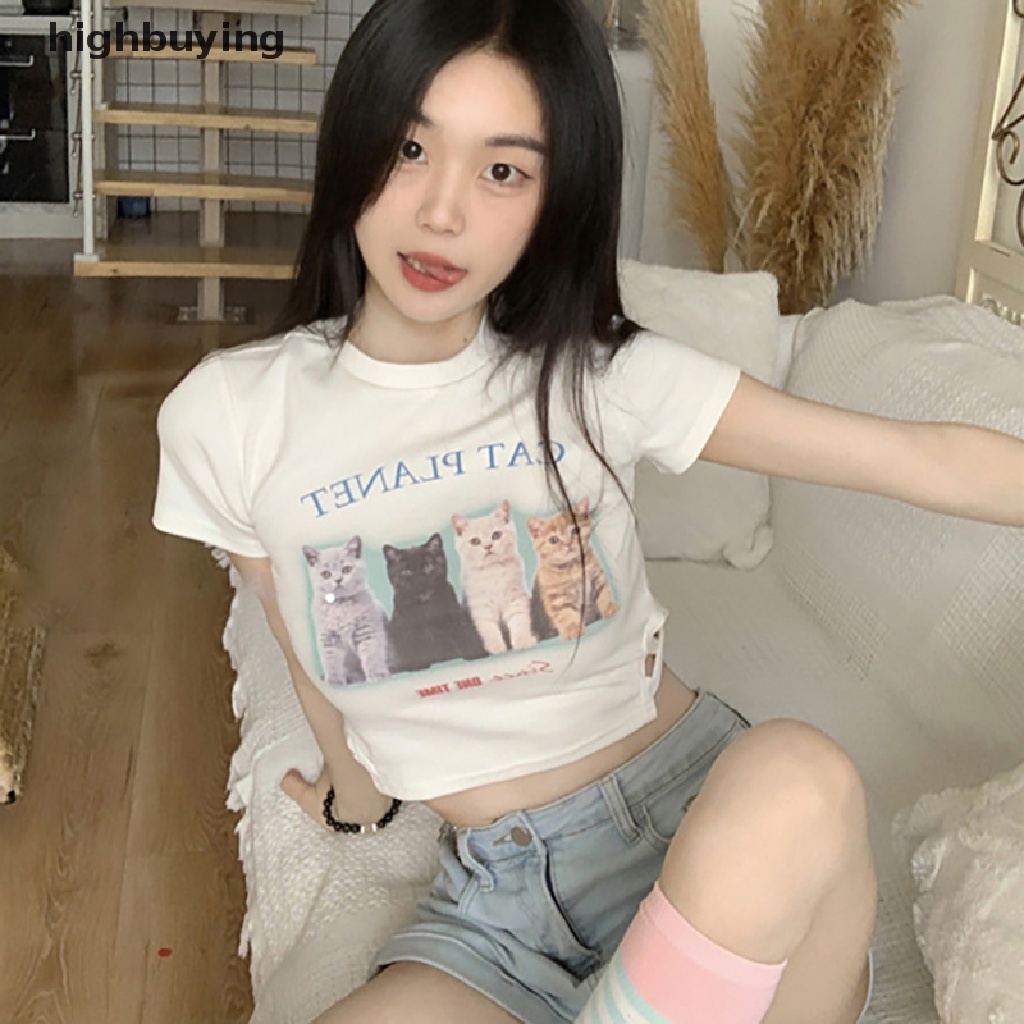 Áo Thun Lửng Ngắn Tay Cổ Tròn In Hình Mèo Belle Hoạt Hình Thời Trang Mùa Hè Cho Nữ