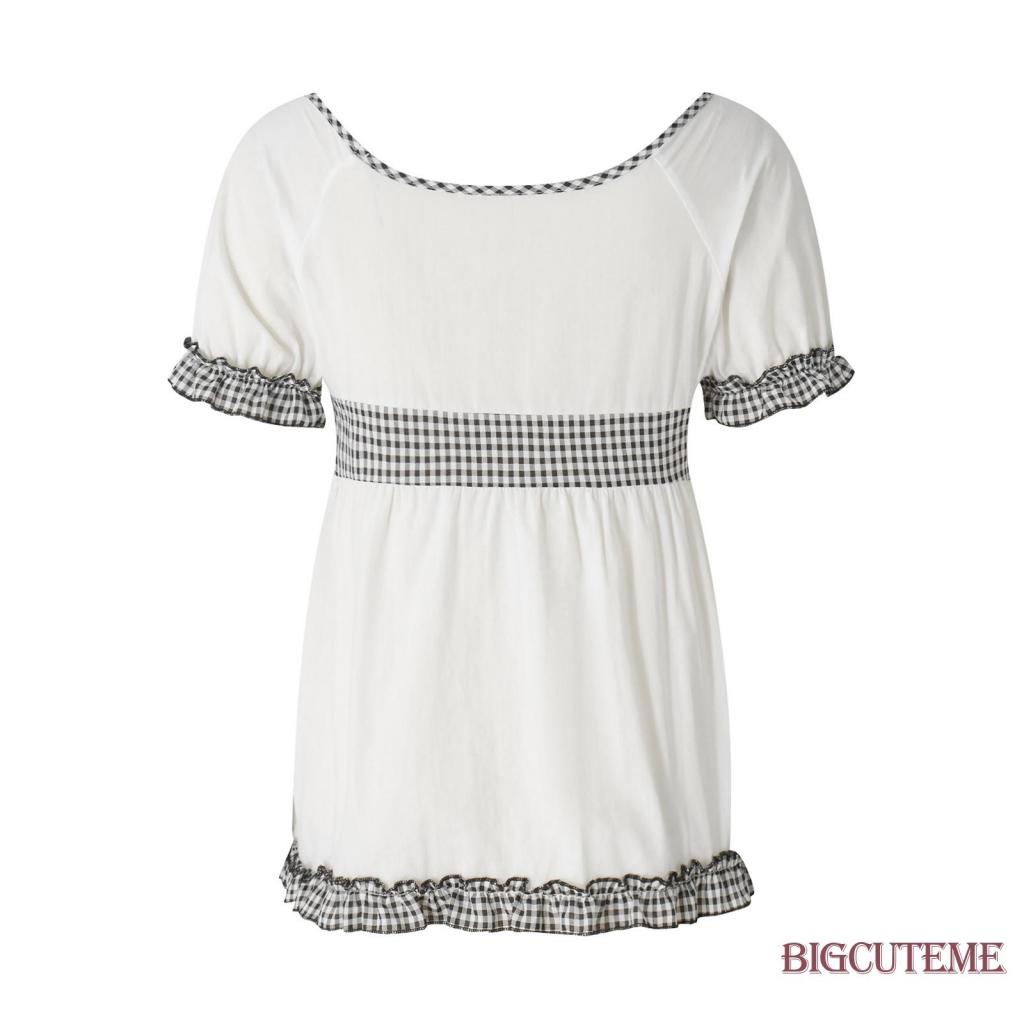 Áo Sơ Mi Tay Ngắn Phối Bèo Họa Tiết Sọc Caro Phong Cách Đường Phố Thời Trang Xuân Hè Cho Nữ