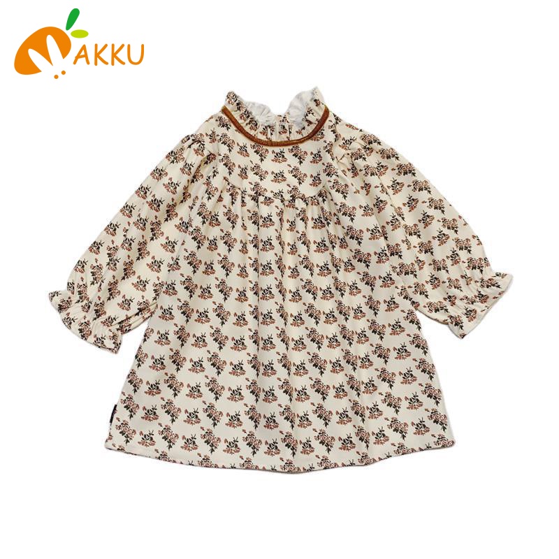 Đầm Tay Dài Cổ Ren Họa Tiết Hoa Phong Cách Hàn Quốc Cho Bé Gái Aku